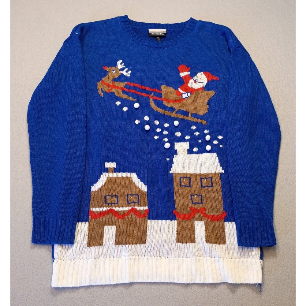 Allison Britney Blue Ugly Christmas Sweater Santa Y2K Holidaycore Med‎ Reindeer